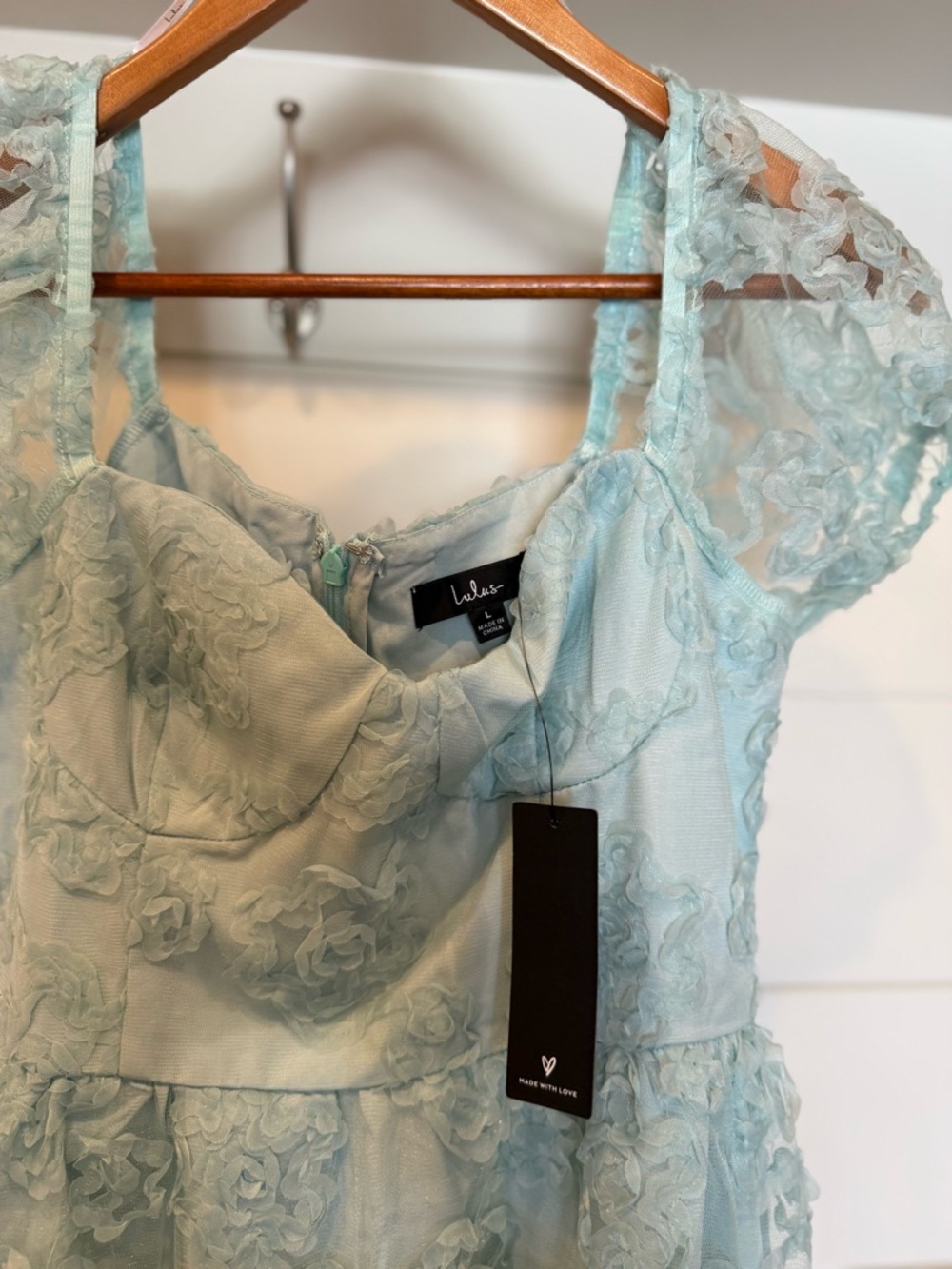 NWT Lulus Notable Elegance Mint Mesh Floral Applique Bustier Midi Dress Large - Picture 9 of 10